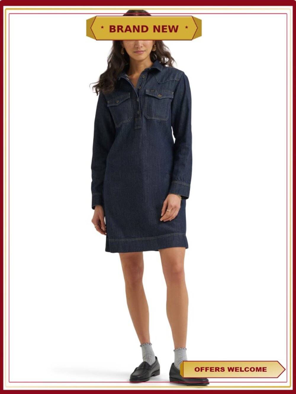 Women's Long Sleeve Popover Western Dress 100% Cotton Denim Buttoned Placket